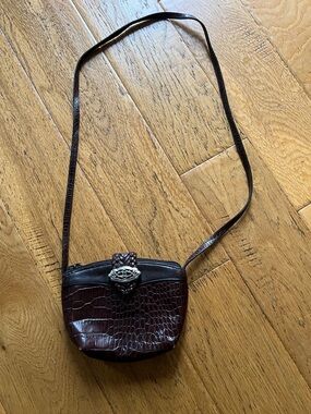Brighton Croc-Embossed Dark Brown Crossbody Bag with Silver Accent
